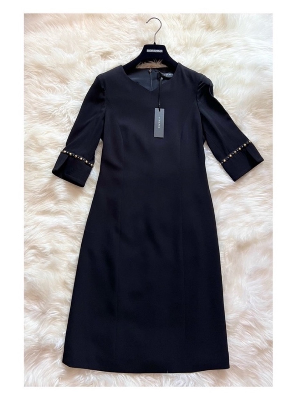 NWT Versace Logo Black Studded A-Line Dress Gold Medusa Detail
